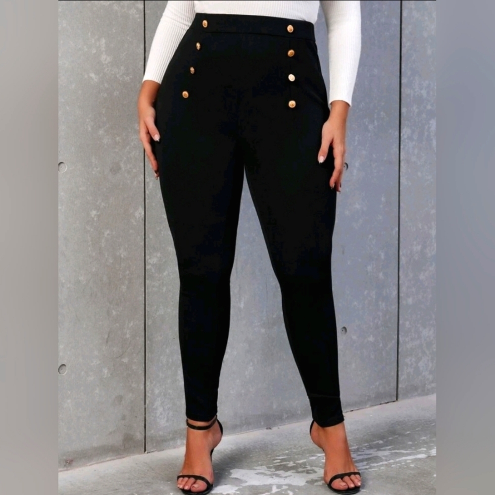 WOMEN'S Plus Button Detail High Rise Stretch Solid Skinny Pants